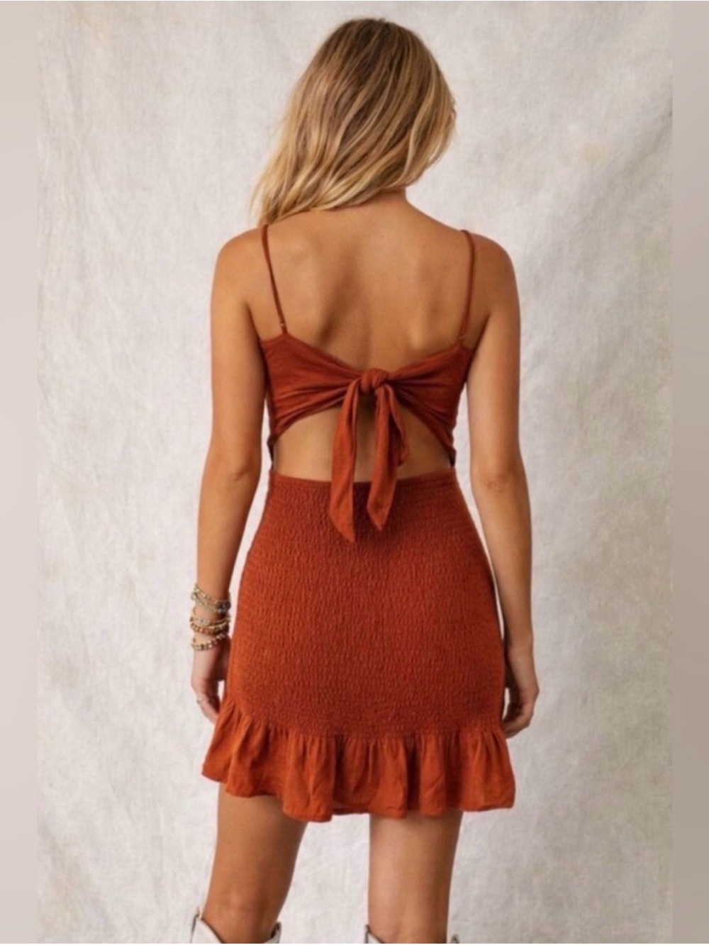 Abercrombie & Fitch Smocked Linen Blend Mini Dress Rust Orange Size Small - Picture 2 of 12